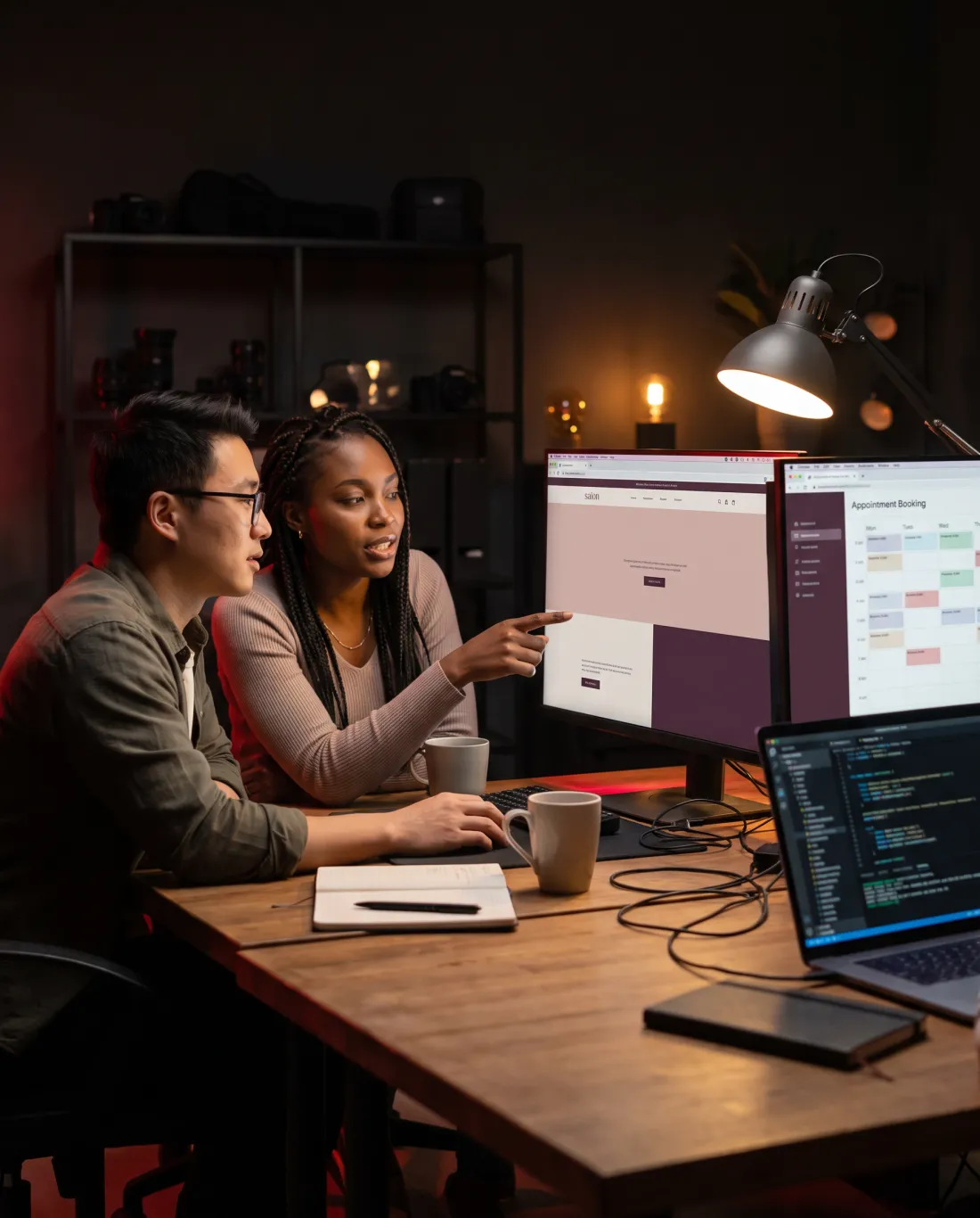 A developer and a designer building the salon website and booking calendar on two monitors