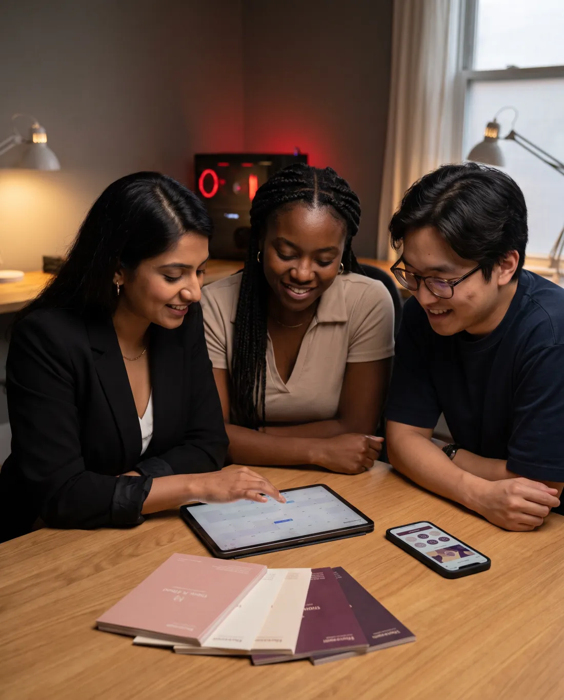 The team reviewing the finished booking app and brand cards together
