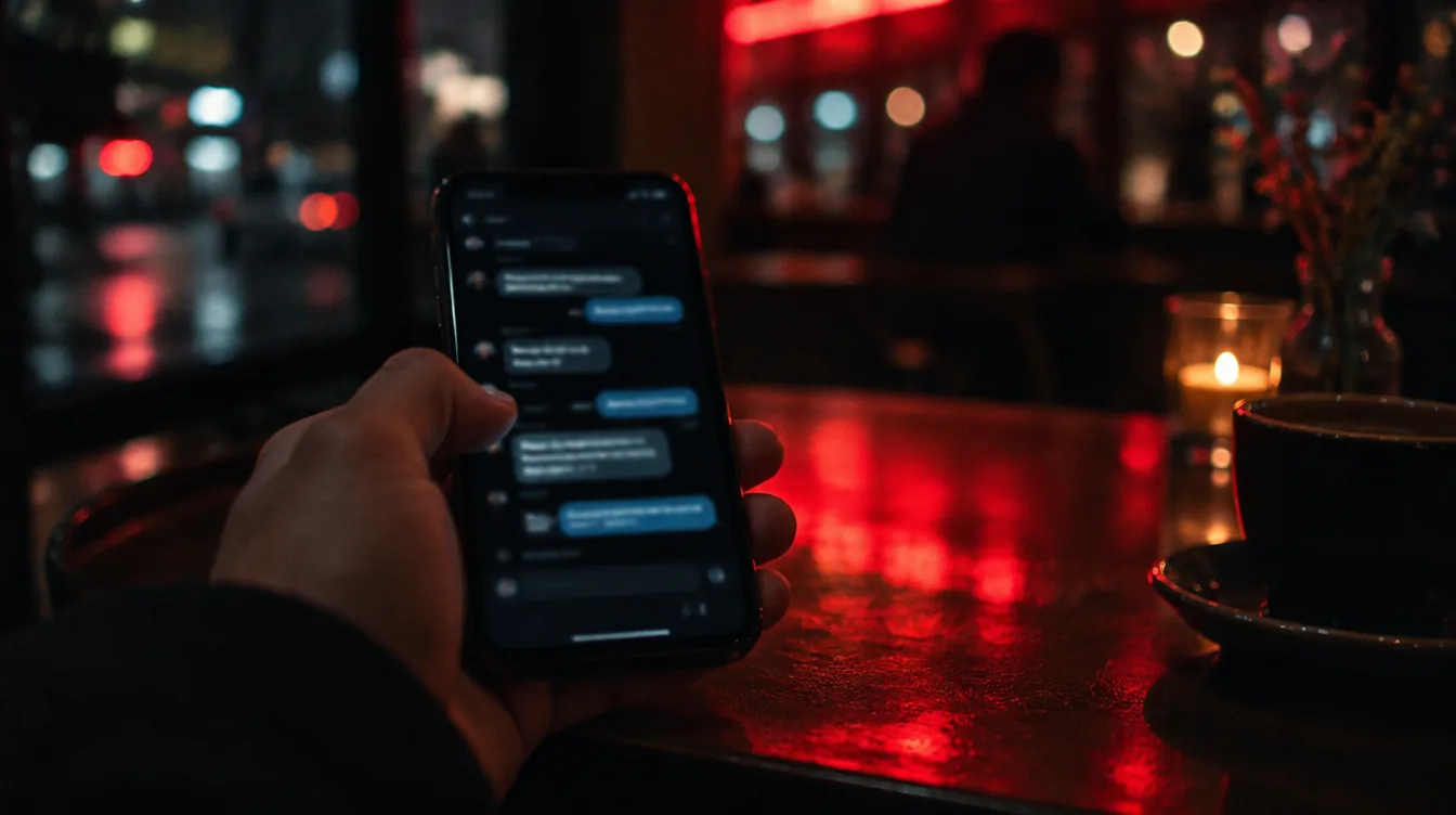A hand holding a phone showing a chat conversation in a dark cafe