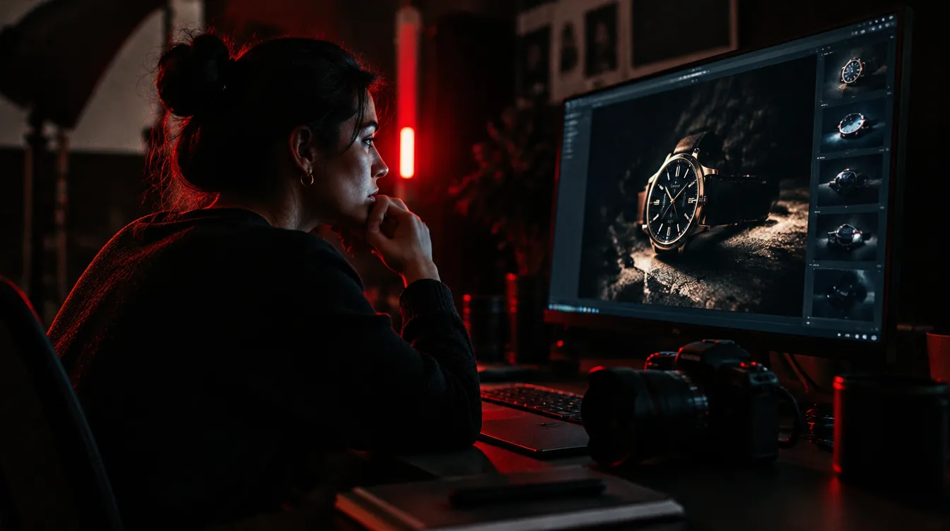 A creative reviewing cinematic product imagery on a large monitor in a dark studio