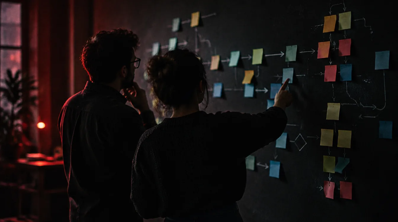 Two colleagues mapping a business process on a wall of sticky notes