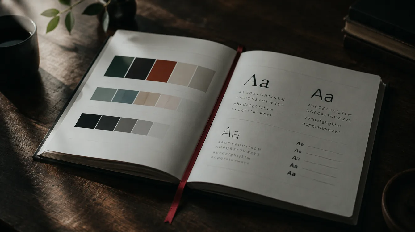 An open brand guidelines book showing colour palette and typography pages