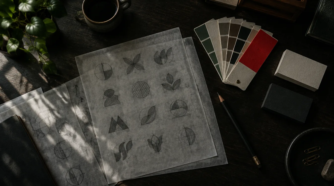 Logo sketches, colour swatches and business cards on a designer's dark desk