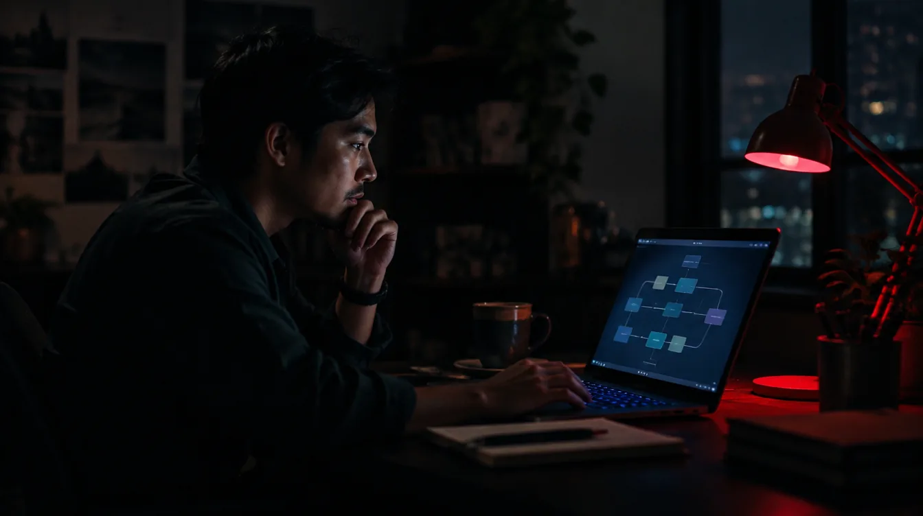 A founder working late at a desk with a workflow diagram glowing on a laptop