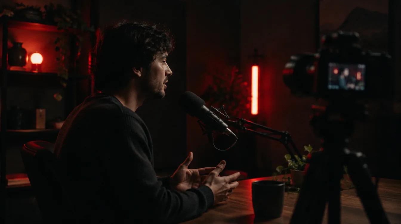 A content creator recording in a small dark studio with a microphone and camera