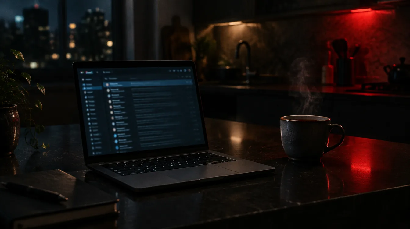 A laptop showing an email inbox on a dark kitchen counter at night