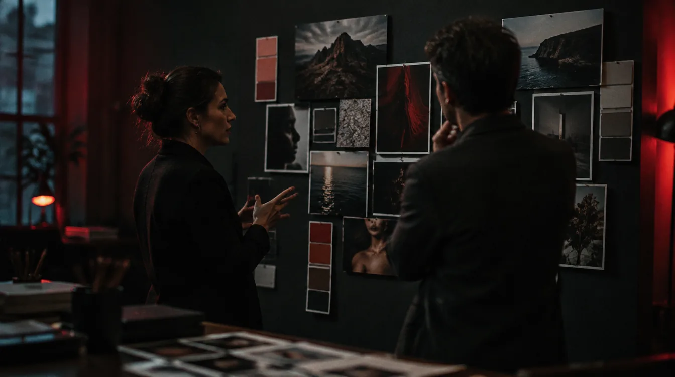 A creative director and client discussing a mood board in a dark studio