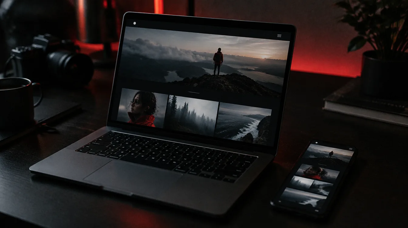 A laptop and phone showing a modern dark website on a desk