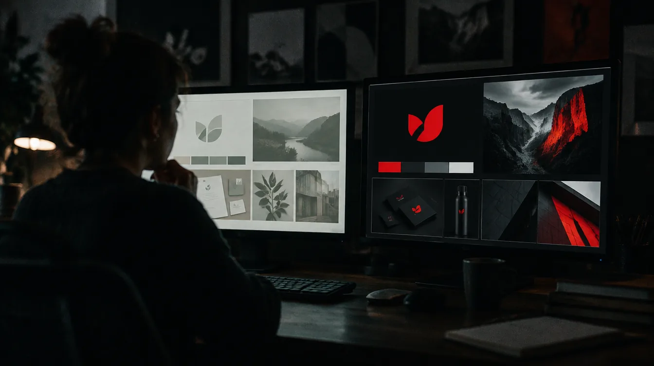 A designer comparing an old and a new brand identity on two monitors