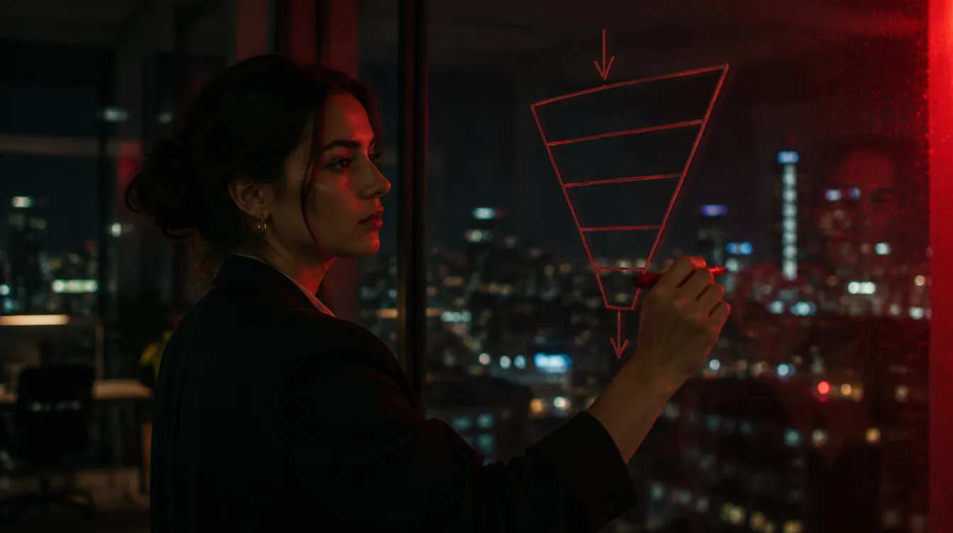 A marketer drawing a funnel diagram on a glass wall at night
