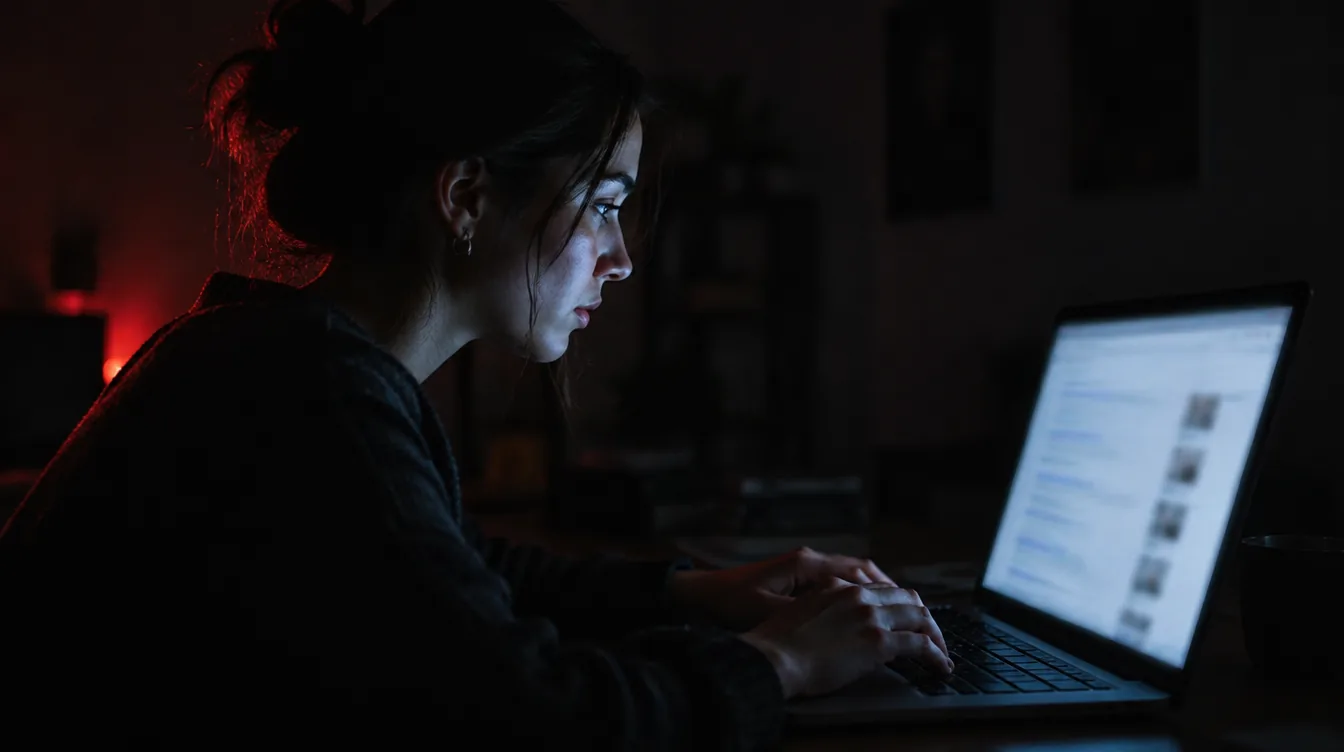 A person searching on a laptop in a dark room