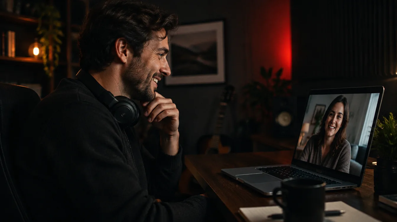 A smiling consultant on a video call in a dark home studio