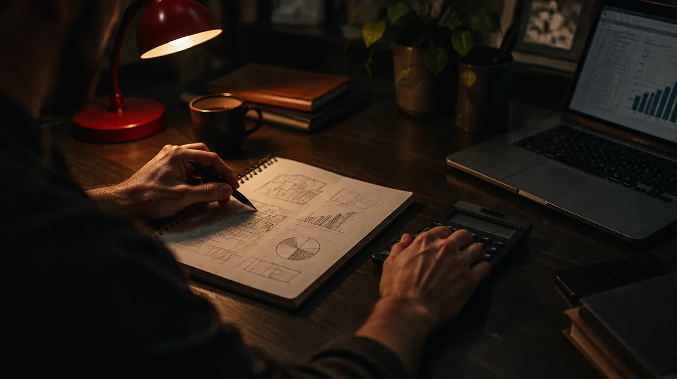 A business owner planning a website budget with a notebook and calculator