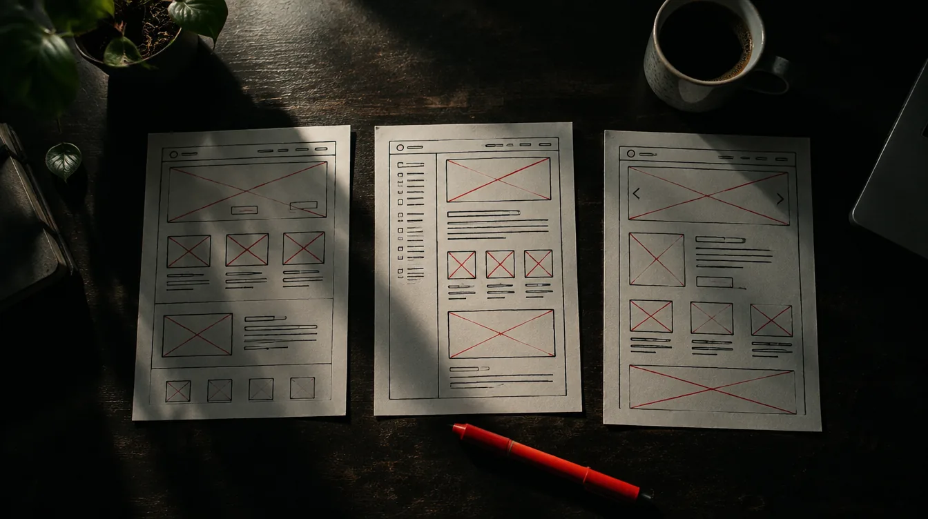 Three paper wireframes of different web pages laid out on a dark table