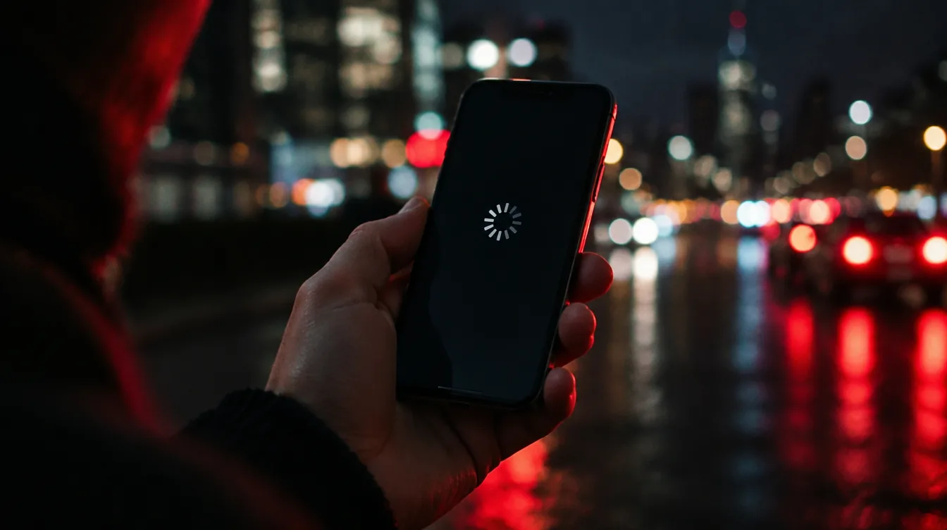 A hand holding a phone showing a loading spinner at night