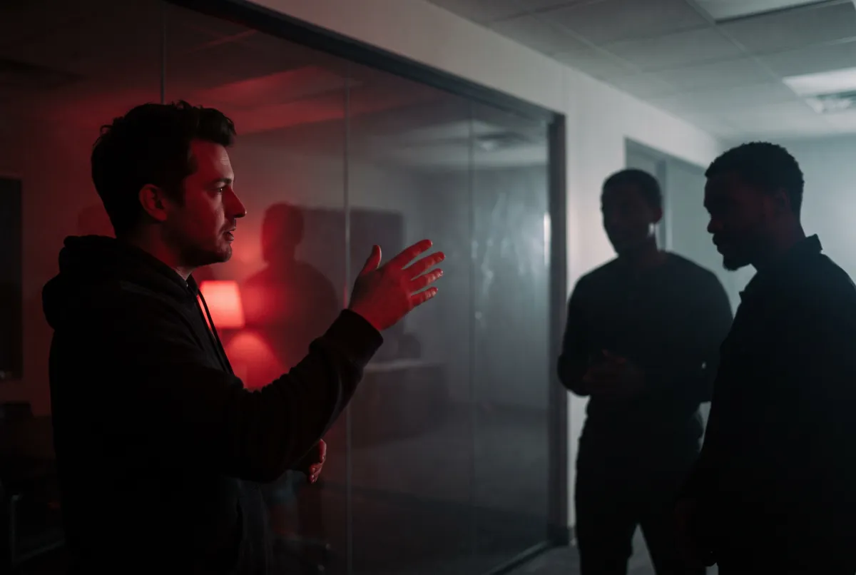 A creative director explaining strategy at a glass wall