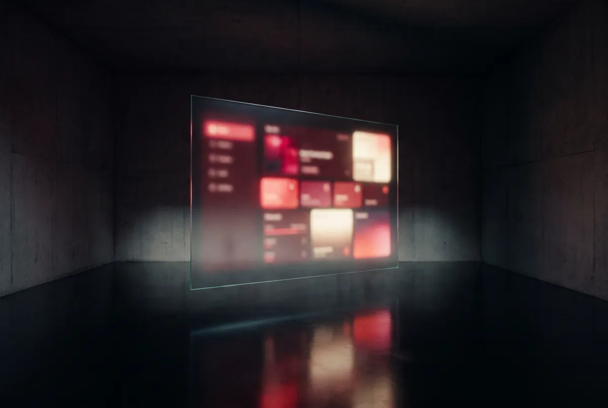 A glowing website interface floating in a dark room